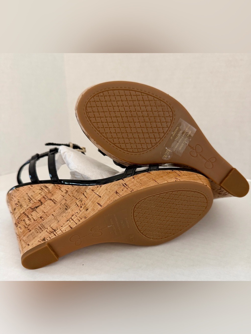 NWT Jessica Simpson Jardina Black Patent Cork Wedge Sandals Size 7M - Picture 15 of 15